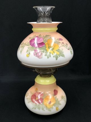 C.  1880’s Milk Glass Hand Painted Floral Gwtw Parlor Banquet Oil Lamp Complete Nr