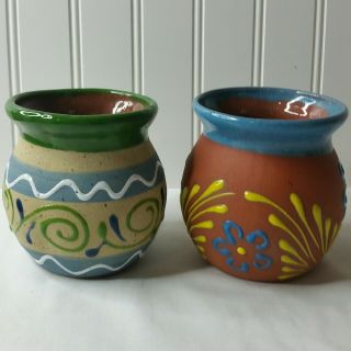 Set Of 2 Mexican Pottery Coffee Mugs Cups Hand Painted Red Clay Blue And Green