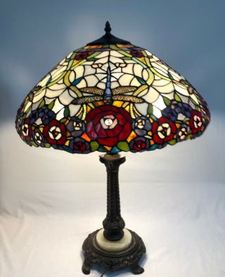 Vintage Tiffany Style Dragonfly Stained Leaded Round Scalloped Glass Lamp Shade