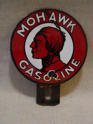 Vintage Mohawk Gasoline 2 Piece Porcelain Gas Oil License Plate Topper