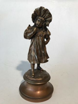 Signed Antique French Bronze Of A Girl In Bonnet 6 5/8 "