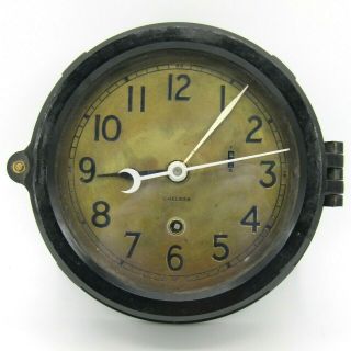 Vintage Chelsea Boston Co.  Nautical Ship Clock Black Casing Brass Face