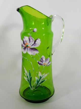 Antique Victorian Edwardian 1900 Hand Painted Green Glass Large Jug Pitcher Vase