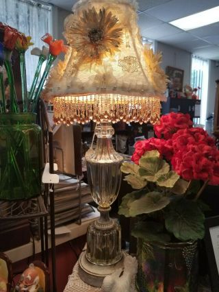 Vintage Mid Century Glass Lamp With Ornate Hand Made Shade A Beauty.