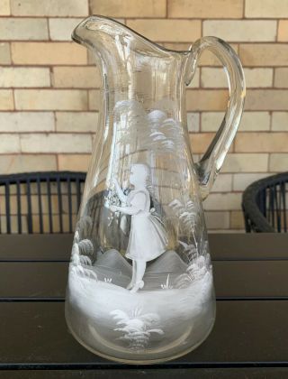 Antique Mary Gregory Blown Clear Glass Tall Pitcher Girl Child Flower