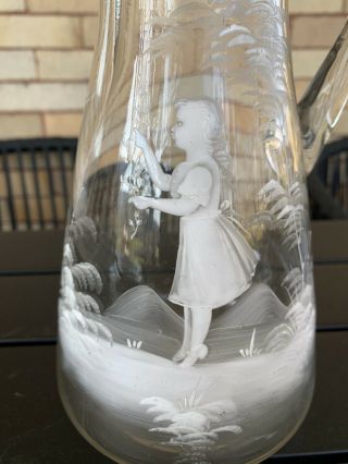 Antique Mary Gregory Blown Clear Glass Tall Pitcher Girl Child Flower 2