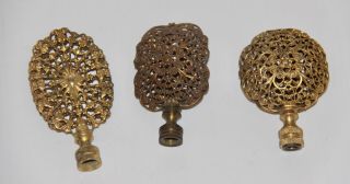 3 Antique Brass Ornate Lamp Finials Vintage Victorian Filigree Light Topper Part