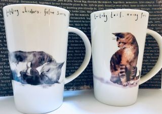 Kent Pottery Cat Mug Set - Twitchy Tail & Twitching Whiskers - Butterflies/mice Euc