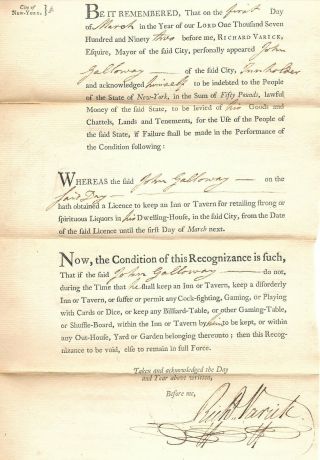 Revolutionary War General Richard Varick 1792 Tavern License Signed As N Y Mayor