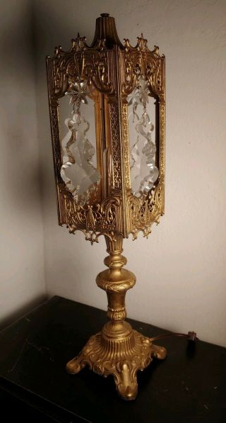 Gorgeous Antique Ornate Shabby Chic Cast Metal Lamp With Large Led Crystals
