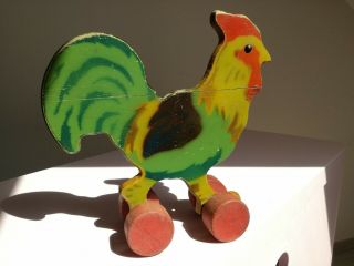 Rare Big Rooster Wooden Lego In Wood Vintage 1940/50 
