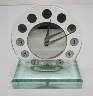 Vtg Art Deco Machine Age Glass Chrome Mantle Desk Clock Chrystal Vue Crystal