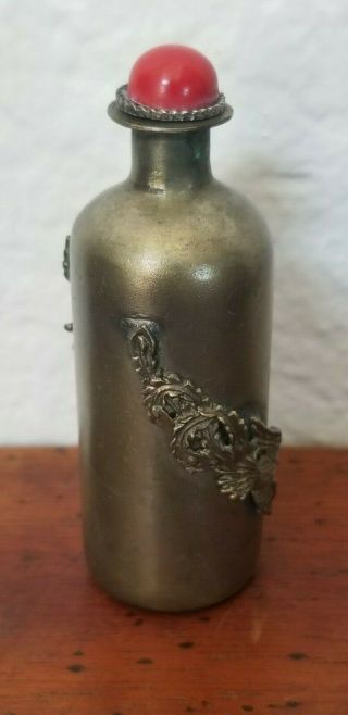 Antique Vintage Chinese Snuff Bottle Silver Brass Metal Dragon Phoenix Coral Top