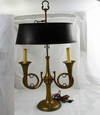 Antique Chapman Solid Brass French Horn Bouillotte Lamp Tole Shade 29 " X 17 "