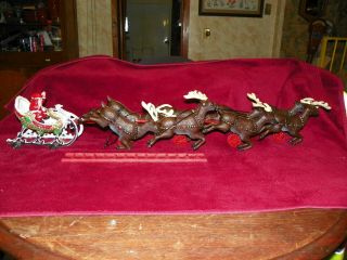 Vintage Cast Iron Santa Sleigh And Reindeer 34 " Long