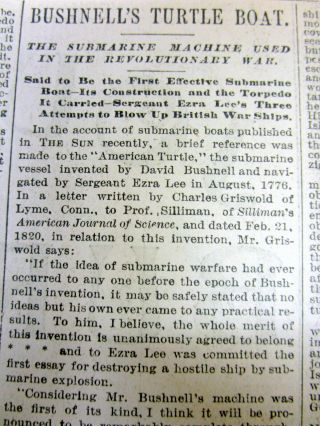 1896 Newspaper David Bushnell & The Military Submarine In The Revolutionary War
