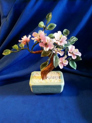 Vintage Glass Jade Bonsai Sakura Cherry Blossom Flowers Tree Plant In Green Pot