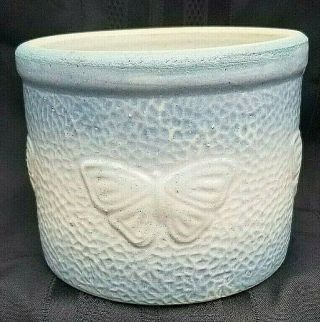 Antique Early Blue & White Salt Glazed Stoneware Butterfly Butter Crock Pottery