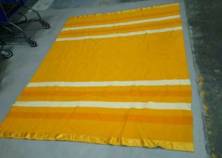 Vintage Baron Woolen Mills Rising Sun Orange Yellow Striped Wool Camp Blanket