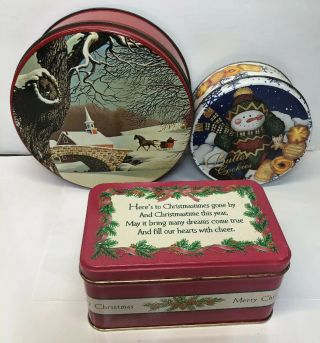 Set Of 3 Vintage Christmas Tins7 ",  5 " Round 6 " Rectangle Cookie Candy Gift Giving