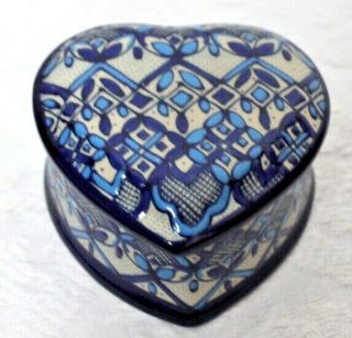 Javier Servin Mexican Folk Art Heart Shaped Trinket Box Blue And Gray