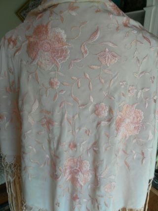 Antique Vintage Pink Silk Piano Shawl Embroidered Flowers Hand Knotted Fringe