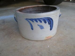 Antique Primitive Cobalt Blue Slip Decorated Stoneware Crock Cake/butter Lg Bowl