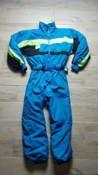 Vintage Downhill Racer Mens Sz Medium One Piece 1/2 Zip Neon 1980s Ski Suit