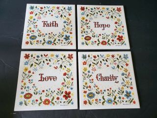 4 Berggren Swedish Folk Art 6 " Ceramic Tile Trivet Faith Love Hope Charity
