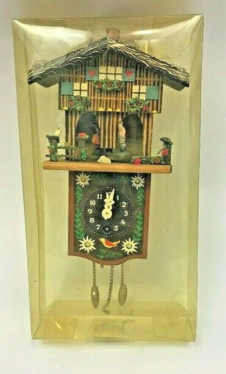 Vintage German Miniature Chalet Style Cuckoo Clock Toggili Man Woman Birds