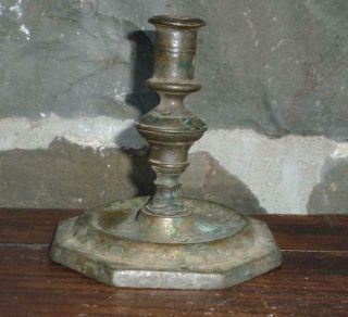 Early Antique 17th C Brass Candlestick Lighting Candle Holder C 1690 Patina