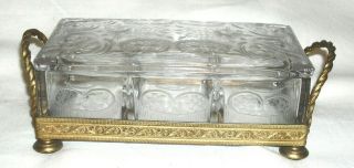 Vintage Brass Frame And Clear Etched Glass Lidded Box.  Jewelry,  Trinket