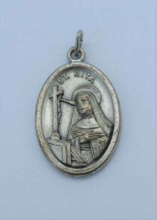 Vintage St Rita,  Pray For Us,  Catholic Charm,  Medal,  Made In Italy Silver Tone