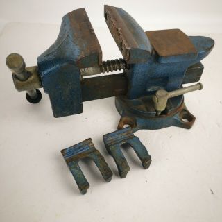 Vintage Swivel Vise Bench Vice 3.  5 " Wide Pipe Jaws Accessory Parts Blue
