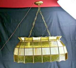Vintage Tiffany Style Leaded Stained Glass Hanging Pool Table Light Amber And Cr