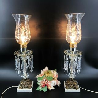 Vintage Pair Table Boudoir Hurricane Lamps Cut Glass Crystal Prism Made In Italy