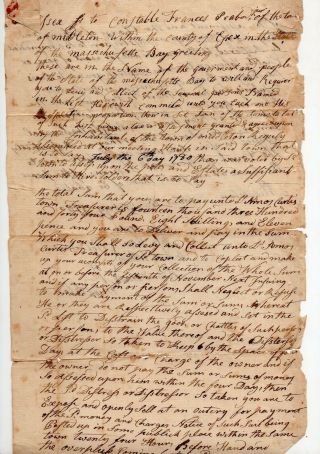 1780 Massachusetts Revolutionary War Document Collect Money To Hire Soldiers
