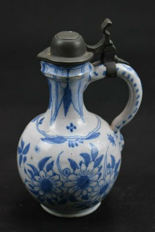 Estate - Small Delftware Pitcher with Hinged Pewter Lid 3