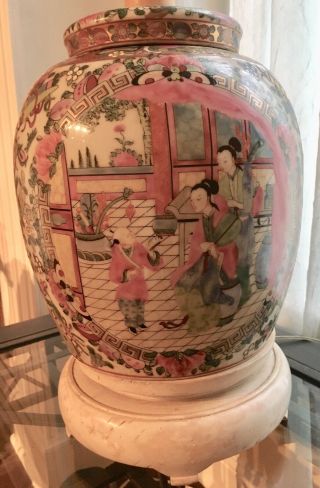 Vintage Large Ginger Jar Famille Rose Chinese Porcelain Table Lamp W/wood Base