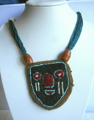 Vintage Beaded Necklace Glass Fabric African,  Native American Face 19 " Long