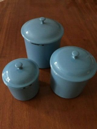 Kockums Sweden Set Of 3 Enamel Canisters With Tops In French Blue