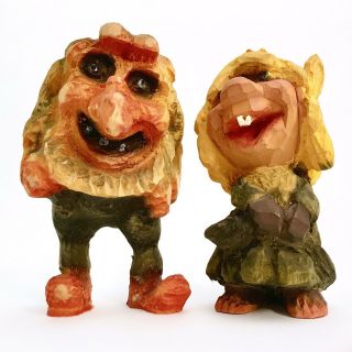 Vintage Henning Norway 5” Hand Carved Wooden Ogre Troll Couple Male 859 Female