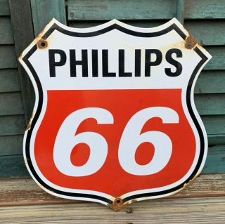 Vintage Phillips 66 Porcelain Shield Sign Gas Station Pump Plate Motor Oils