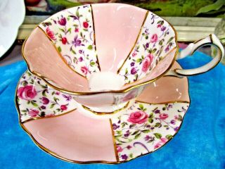 Queen Anne Tea Cup And Saucer Pink Roses Peach Pink Color Flared Wide Teacup