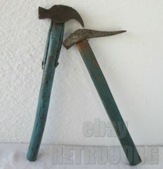 2 X Antique Hammer With Wooden Handle,  Old Blue Paint,  Tool,  Painted