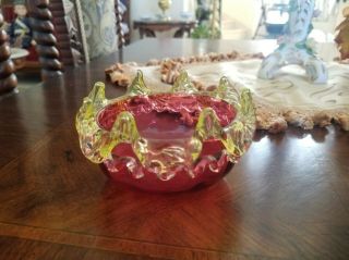 Antique Cranberry Vaseline Art Glass Low Dish Glows Under Blacklight