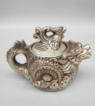 Chinese Tibetan Silver Copper Dragon And Phoenix Teapot Crafts Statue