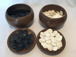 Japanese Go Stone Vintage Goishi Game Piece Set Wooden Bowl Black White Shell