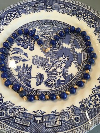 Vintage Lapis Lazuli 14k Gold Strand Bead Beaded Necklace 19” L - Very Pretty