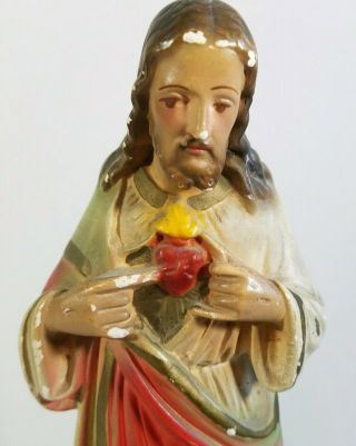 Vintage Chalkware Religious Statue Sacred Heart Of Jesus Holy Water Font 9 "